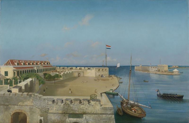 Escena marina que representa la entrada del puerto de Willemstad por Prosper Crébassol, pintura al óleo