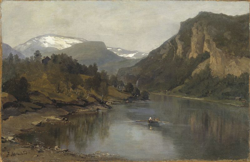 Roddtur på fjorden de Josefina Holmlund, óleo sobre lienzo que muestra un bote en un fiordo sereno.