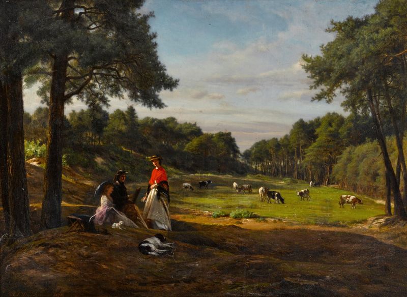 Paisaje pastoral con figuras dibujando, pintura al óleo de Josephus Laurentius Dyckmans