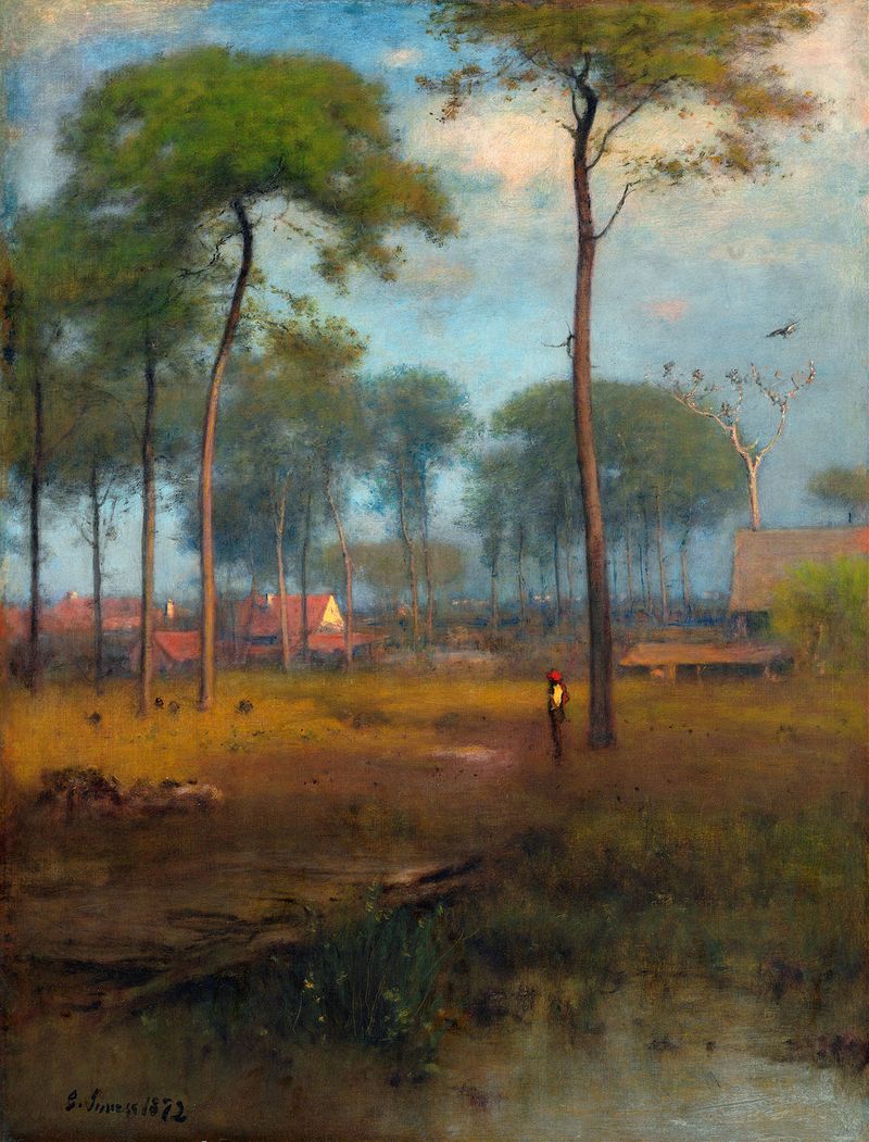 Paisagem de Early Morning, Tarpon Springs de George Inness, pintura a óleo que retrata o amanhecer sobre a água.
