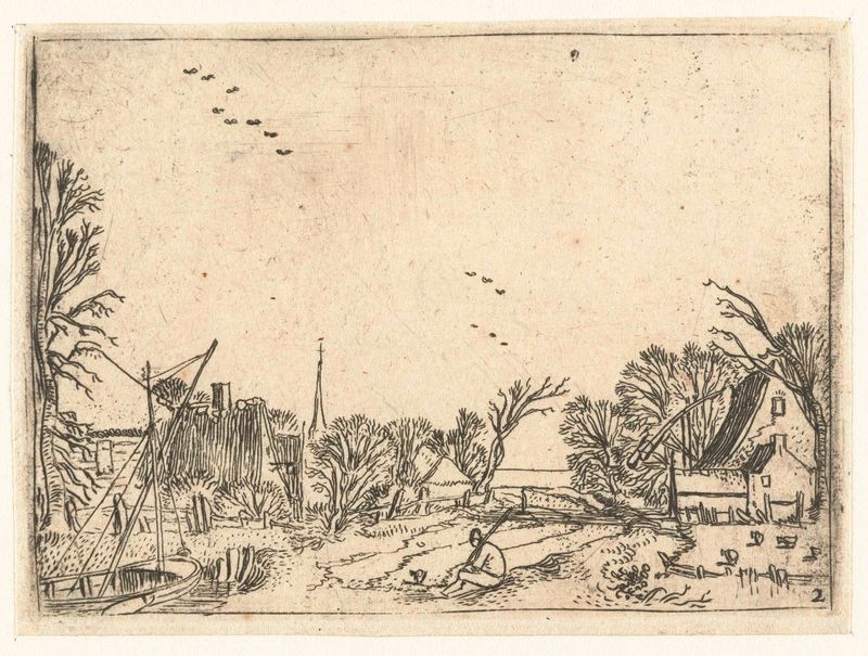 Dorp grabado de Esaias van de Velde que representa un pueblo tranquilo con techos y luz de tarde