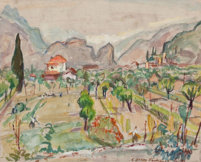 Landscape with hills and a river in soft greens and blues, oil painting by Emile Othon Friesz