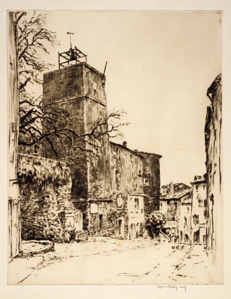 Grabado de Kerr Eby que representa una torre de campana en un paisaje tenue