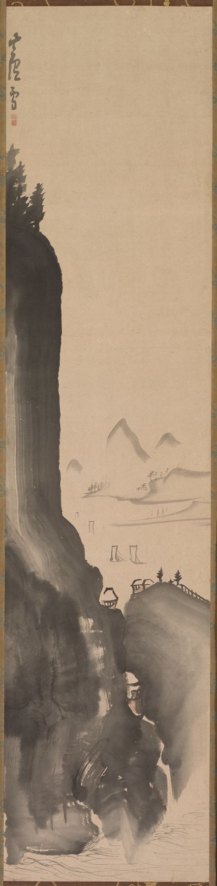 Landscape with mountains and distant boats, ink on paper by Nagasawa Rosetsu