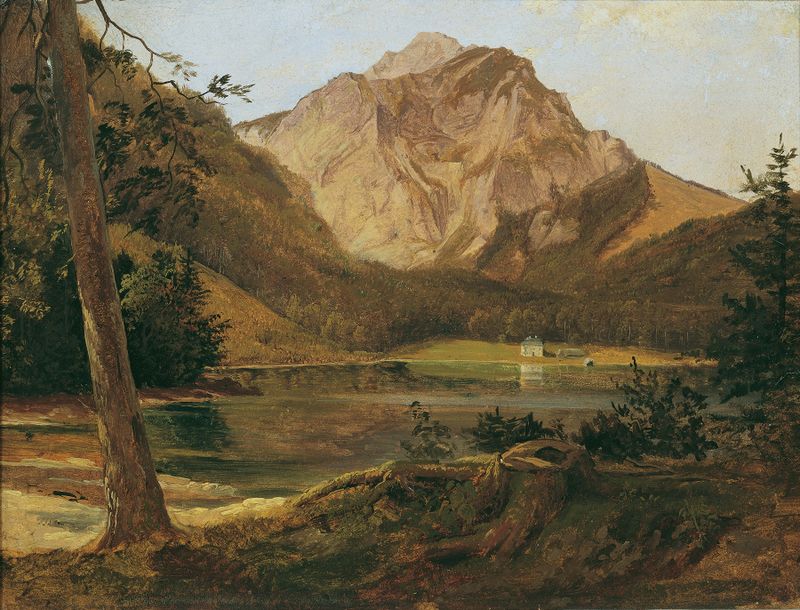 Landscape with a mountain lake and reflections, oil painting by Friedrich August Matthias Gauermann