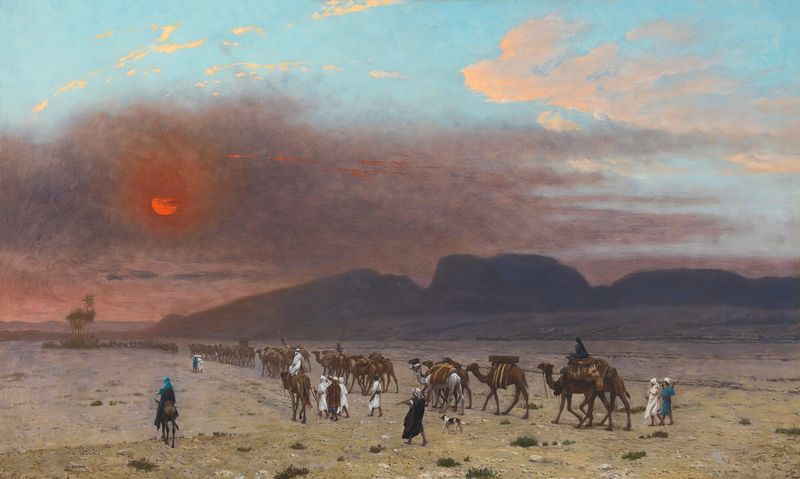 Caravane Dans Le Desert by Jean-Léon Gérôme, oil on canvas depicting camels in a desert at sunset.