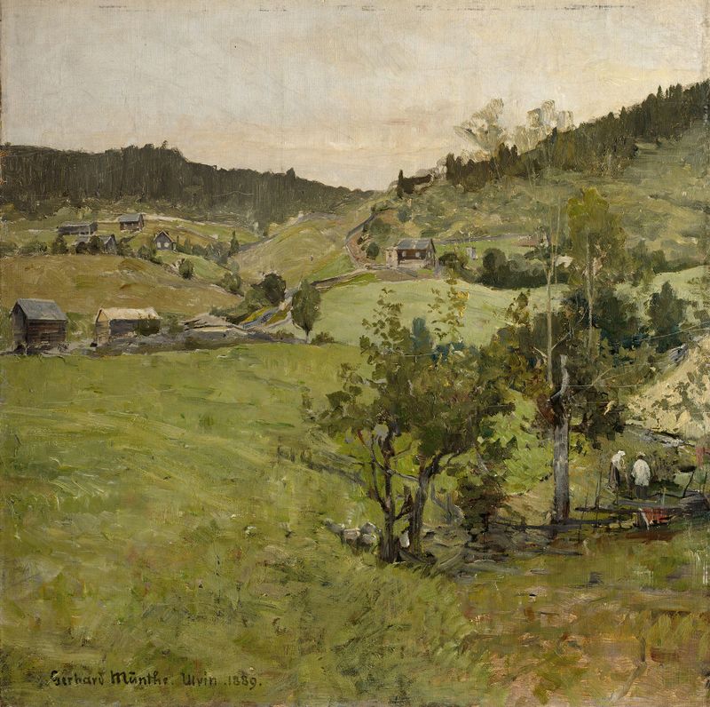 Paisagem com uma casa de campo cercada por vegetação, pintura a óleo de Gerhard Munthe