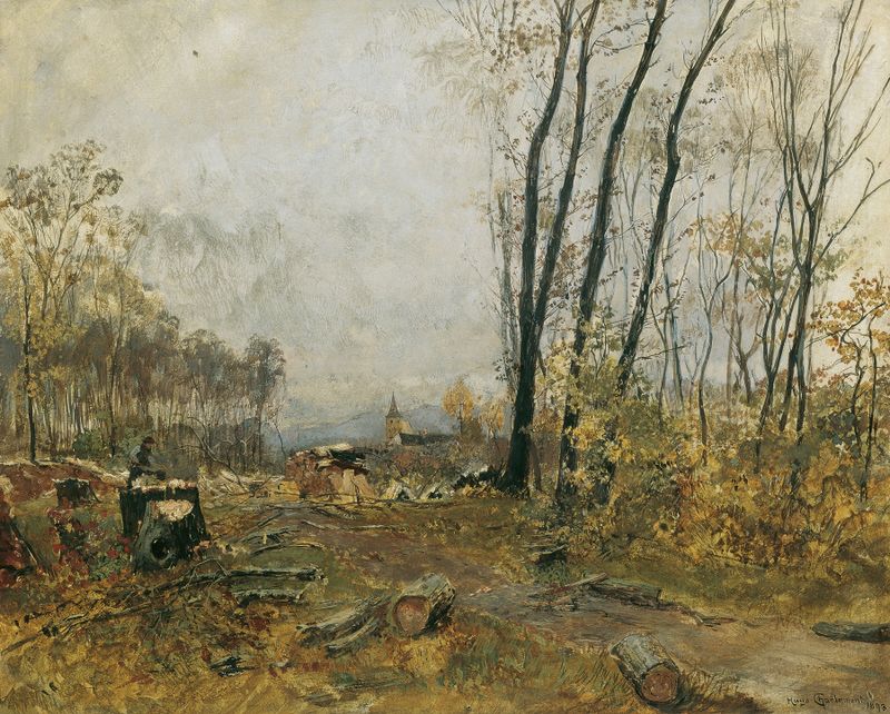 Oil painting by Hugo Charlemont depicting a tranquil riverbank with dappled sunlight.