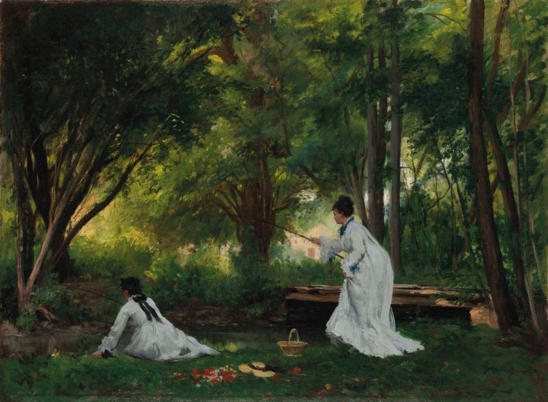 La Pêche de Victor Gabriel Gilbert, óleo sobre tela retratando pescadores em águas tranquilas.