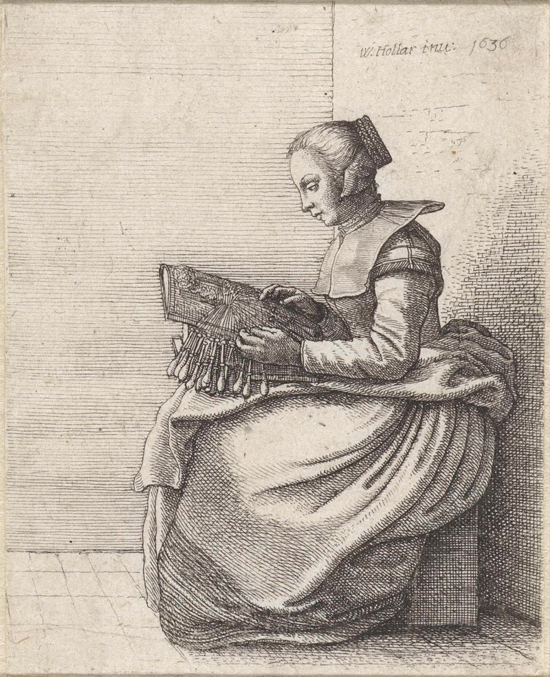 Grabado de Wenceslaus Hollar que muestra a una mujer haciendo encaje