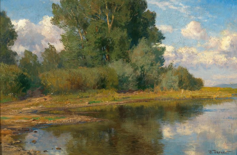 Pintura al óleo de paisaje de Hugo Darnaut con exuberante vegetación y luz dorada