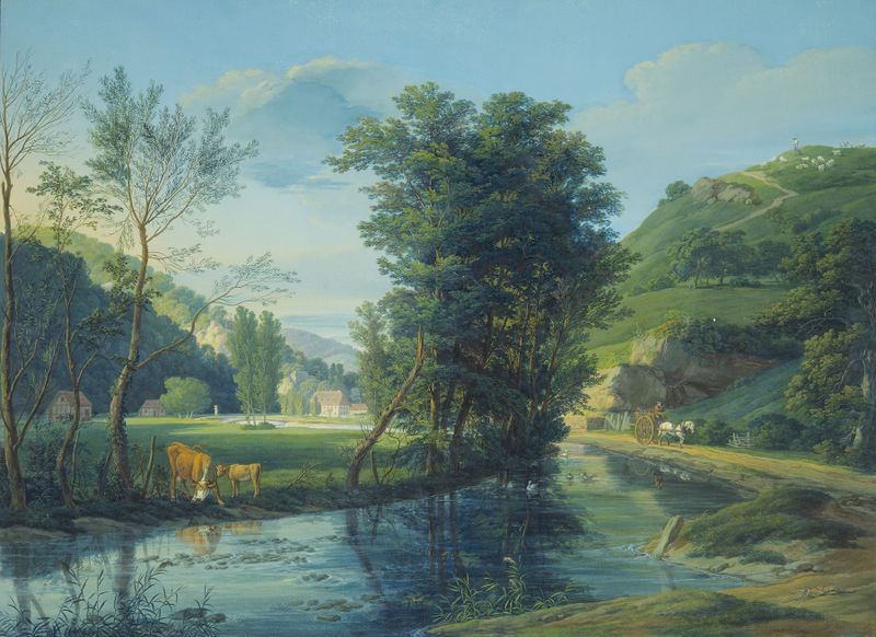 Landscape oil painting by Anton Radl featuring a valley with houses and a horse-drawn cart.