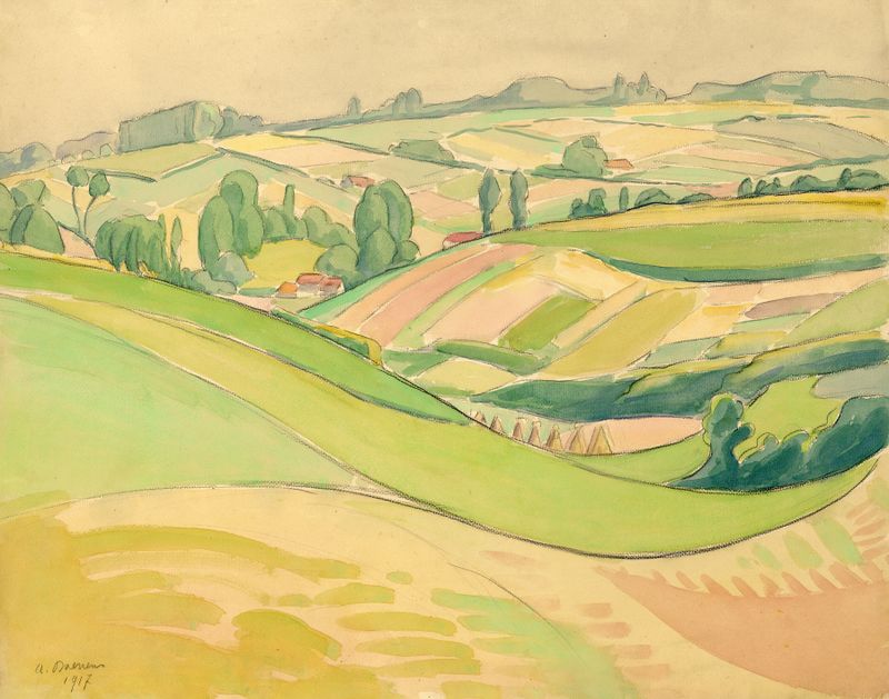 Watercolour by Albert Daenens depicting a serene landscape with gentle greens and muted browns.