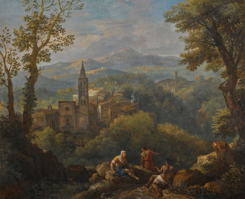 Paisagem italianizante com três figuras, colinas e uma igreja de Jan Frans Van Bloemen, pintura a óleo