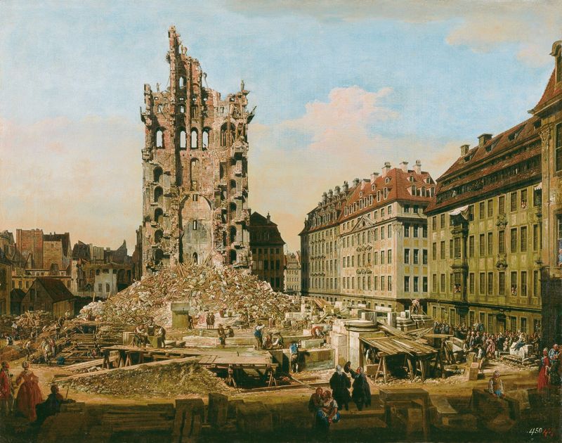 Las Ruinas de la antigua Kreuzkirche, Dresde de Bernardo Bellotto, óleo sobre lienzo