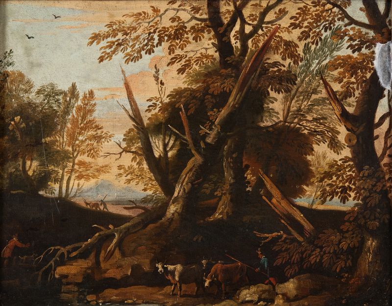 Landscape by Andrea Locatelli, oil on canvas depicting hills and a tranquil sky
