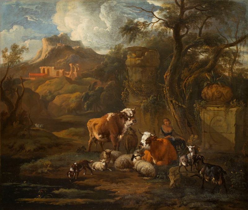 Italianised Landscape with Animals by Michiel Carree, oil painting depicting rolling hills and animals