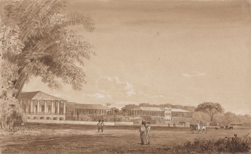 St. James Barracks de Michel Jean Cazabon, pintura a óleo que retrata um edifício simétrico sob a luz do sol.