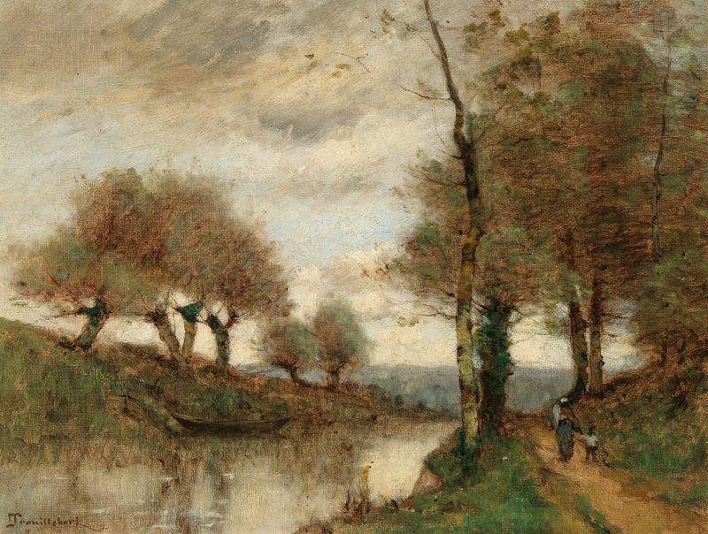 Returning Home along the River, oil on canvas by Paul Désiré Trouillebert, depicting a serene river landscape.
