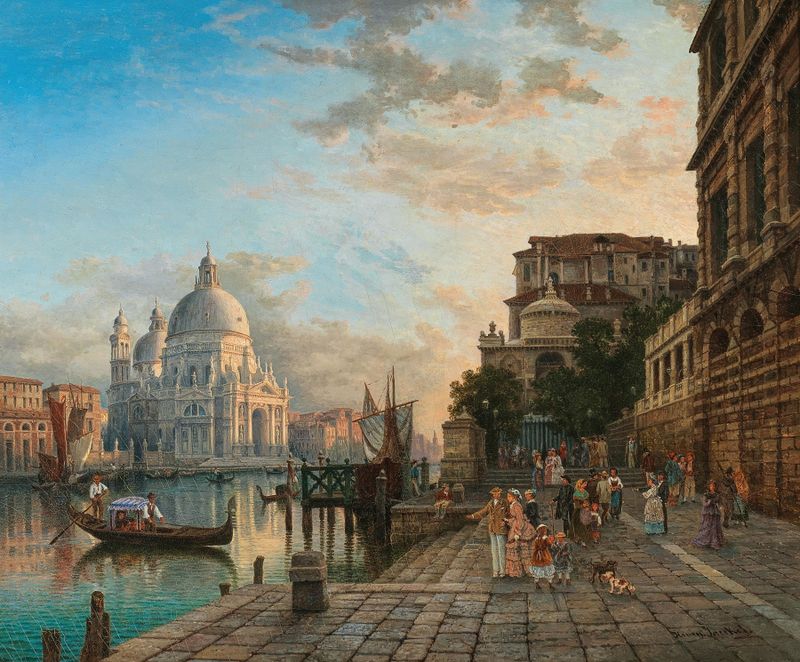 Venice, Café Giardina with Santa Maria della Salute, oil on canvas by Heinrich Jaeckel