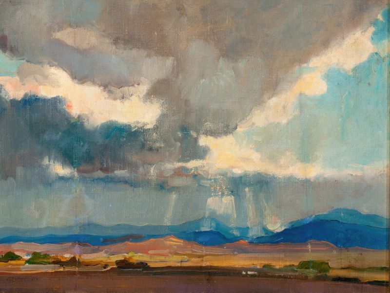 Storm over a Western Landscape, pintura a óleo de Oliver Dennett Grover, com nuvens turbulentas e vasto terreno.
