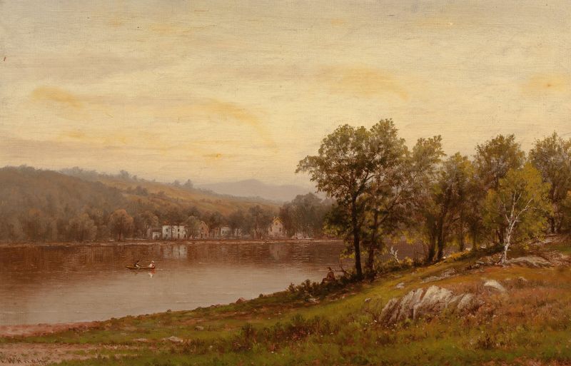 New England Summer Landscape by Charles W. Knapp, oil on canvas depicting a river and lush trees.