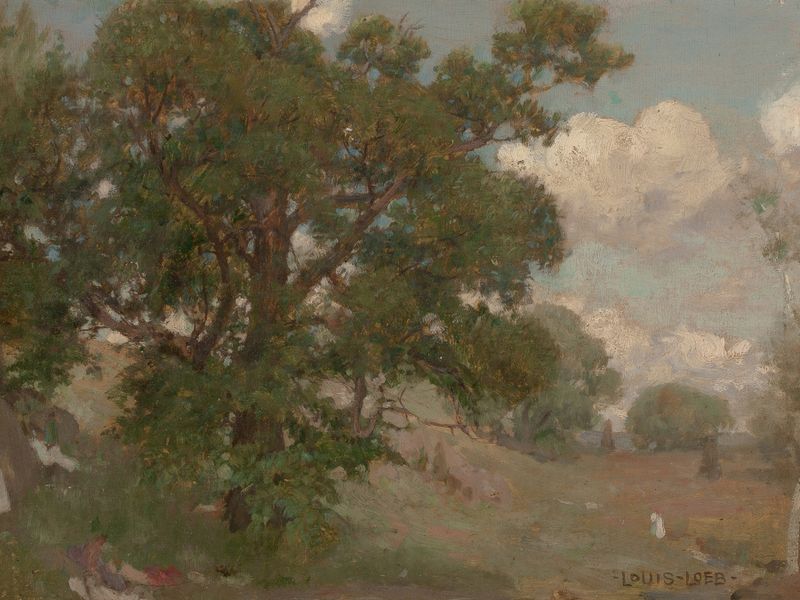 Pastoral Landscape by Louis Loeb, oil on canvas depicting golden fields under a cerulean sky.