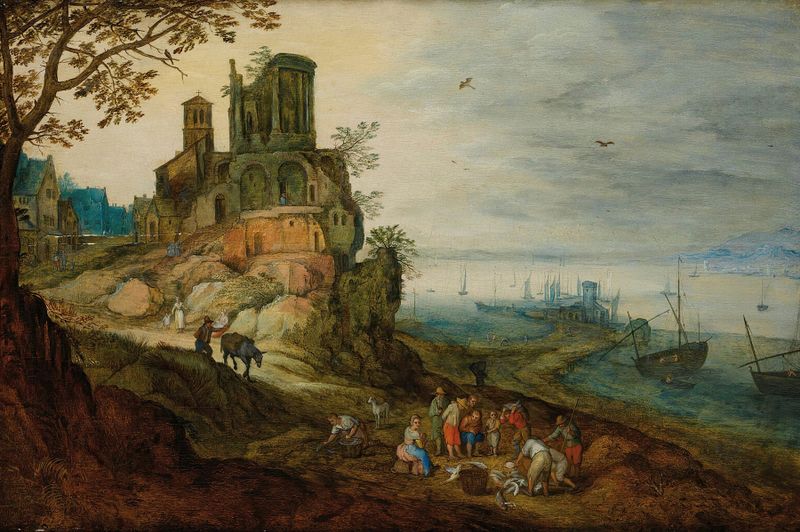 Paisagem fluvial com pescador, óleo sobre tela de Workshop Of Jan Brueghel The Younger