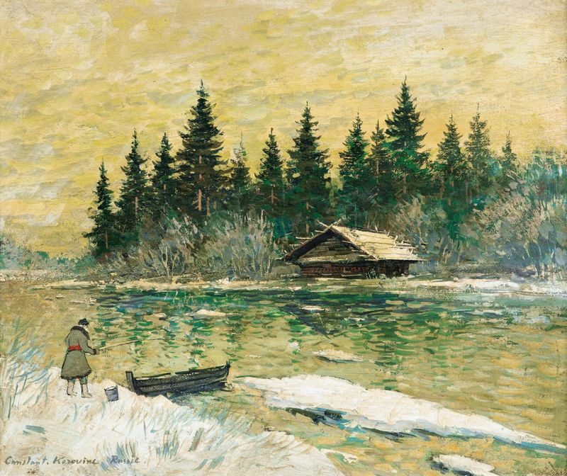 Pintura a óleo de Konstantin Alexeevich Korovin mostrando um pescador com uma rede no mar.