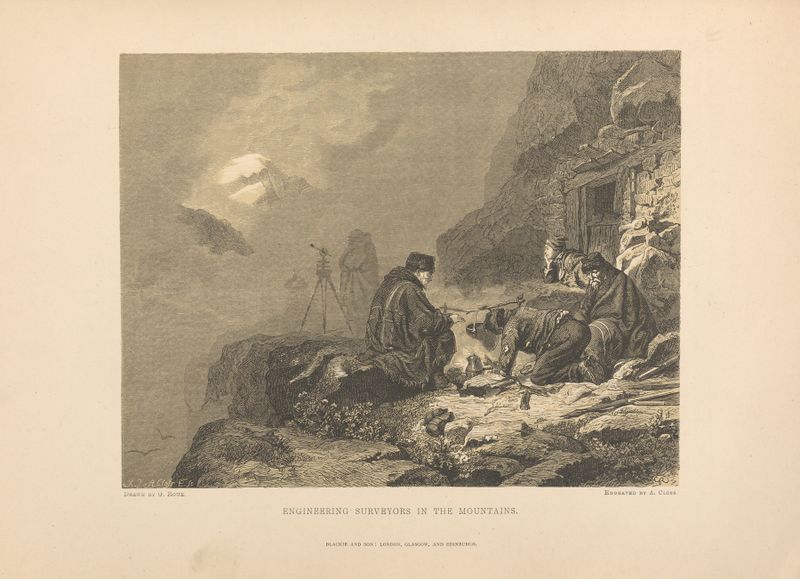 Engenheiros de Topografia nas Montanhas de Theodor Gsell Fels, pintura a óleo mostrando engenheiros em uma paisagem montan...