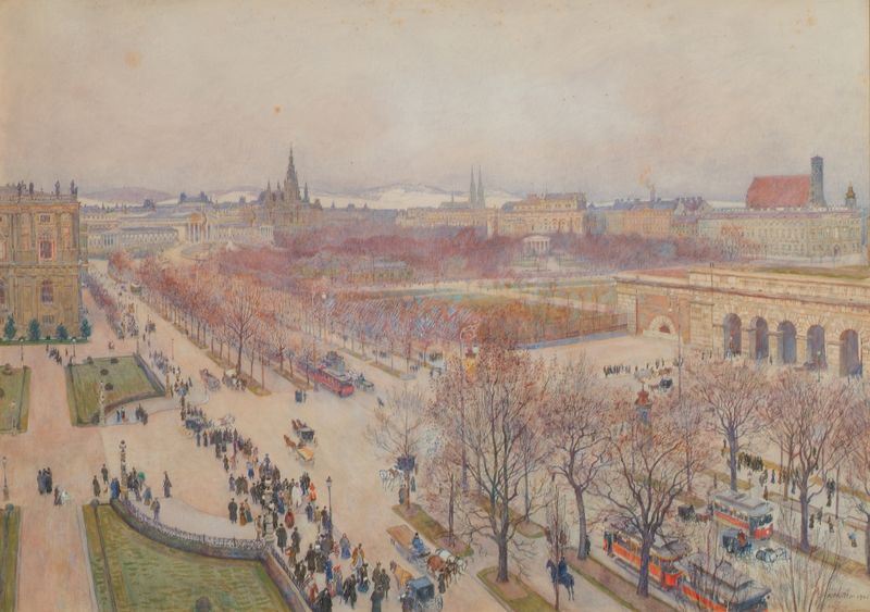 Urban landscape oil painting by Carl Müller depicting the Ringstraße in Wien
