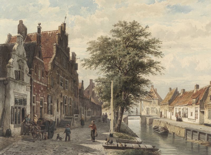 Gezicht op de gracht te Hasselt de Cornelis Springer, pintura al óleo que representa un canal con edificios y un cielo nub...
