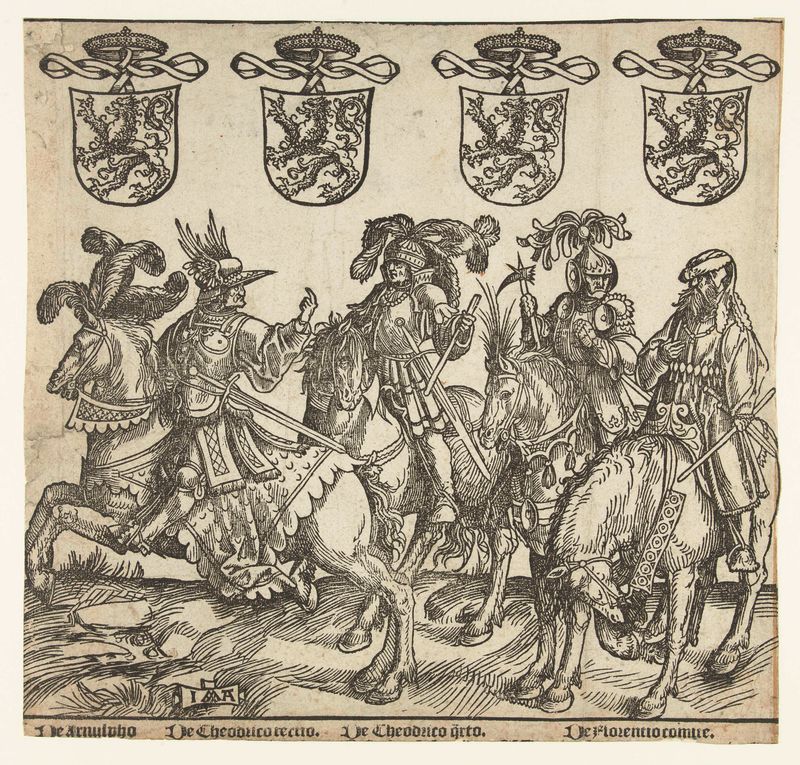 Retrato de Arnulf, Dirk III, Dirk IV en Floris I por Jacob Cornelisz van Oostsanen, medio papel