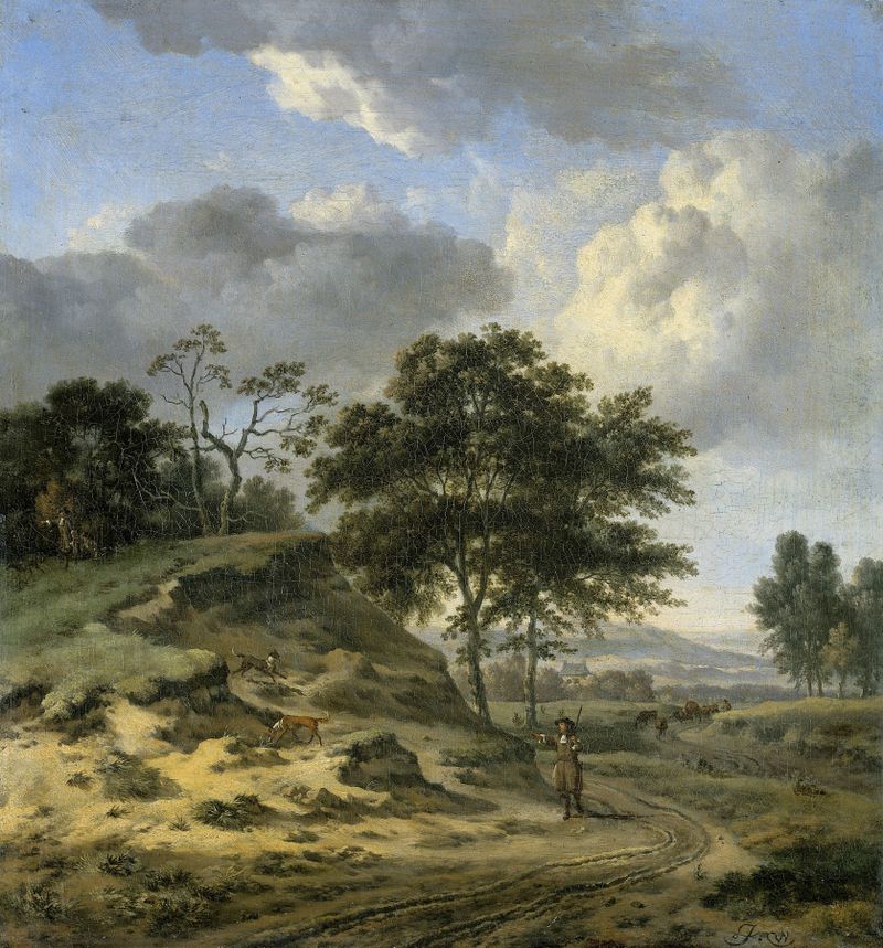 Landscape with Two Hunters, pintura al óleo de Jan Wijnants, con cazadores y vegetación exuberante en un bosque.