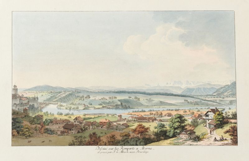 Acuarela de Johann Ludwig Aberli que representa murallas y horizonte.