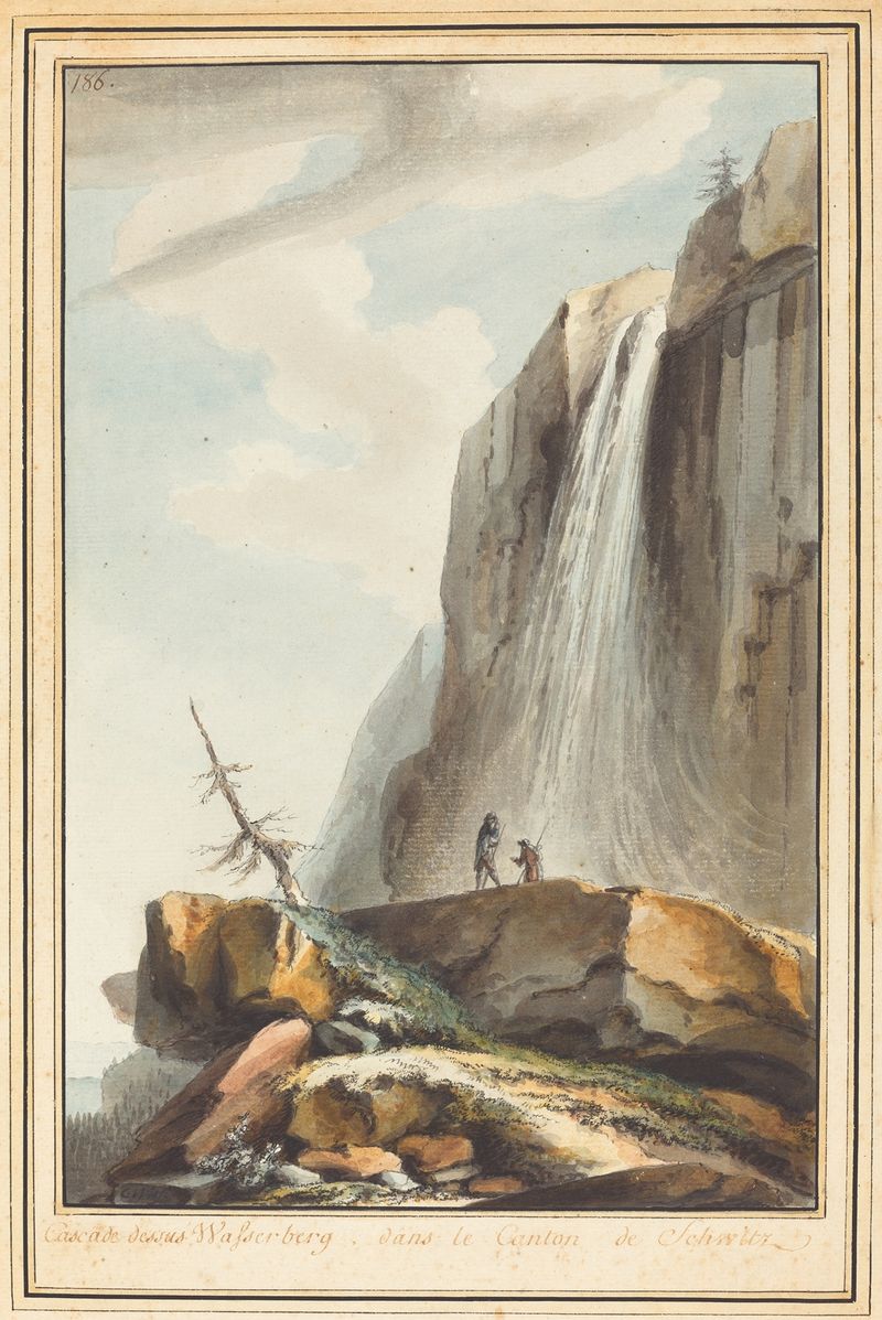 Cascade dessus Wasserberg de Caspar Wolf, pintura a óleo que retrata uma cascata e uma floresta exuberante.