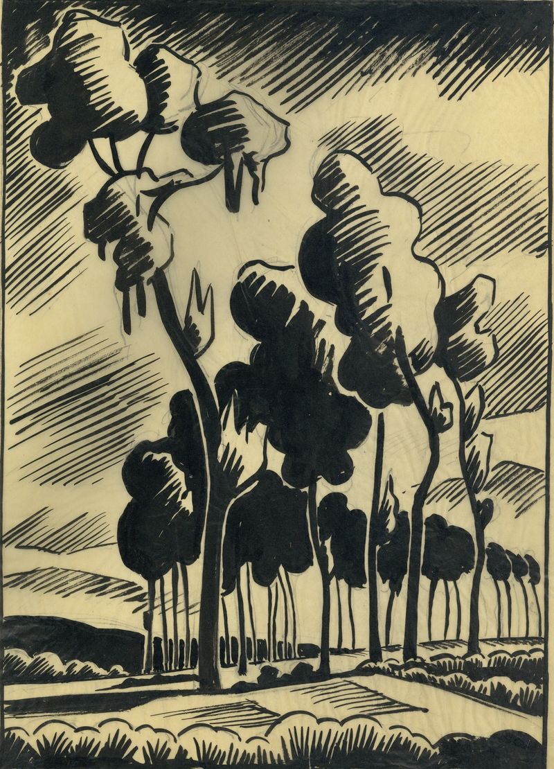 Paisagem em tinta de Albert Daenens, retratando árvores e sombras em tinta sobre papel.