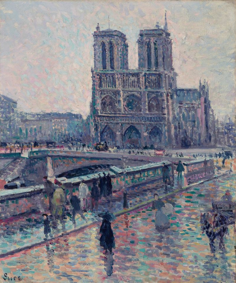 Paisaje del Sena con Notre-Dame bajo la lluvia, pintura al óleo de Maximilien Luce