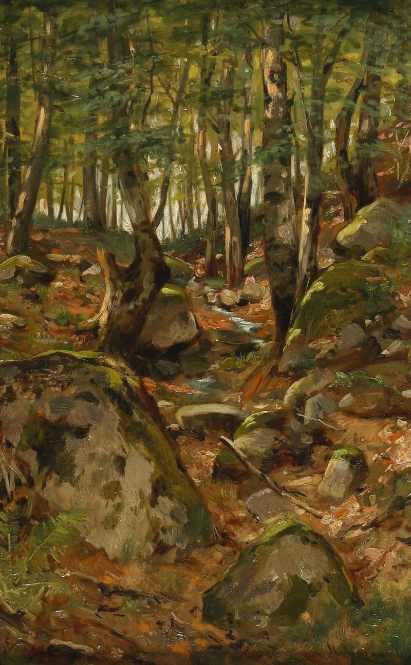 Waldweg by Walter Moras, oil on canvas depicting a forest path with dappled sunlight.