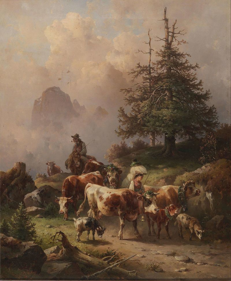 Driving the Cattle down from the Alpine Pastures by Edmund Mahlknecht, oil on canvas depicting cattle in a landscape