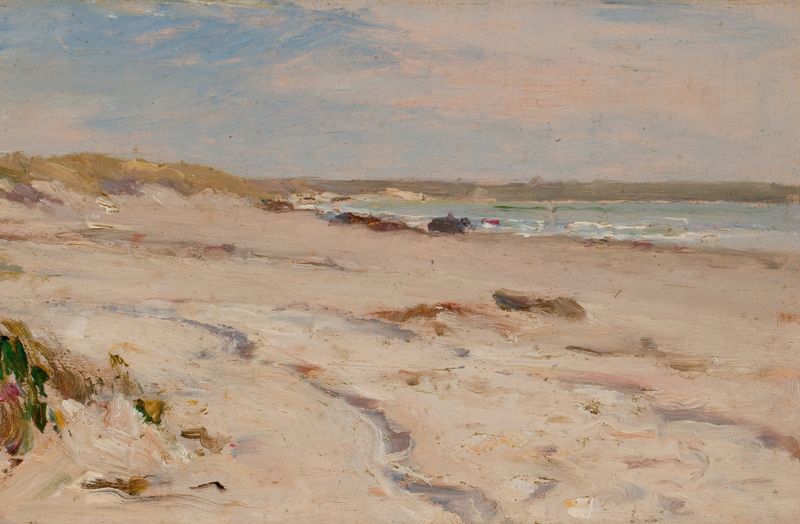 Marine scene by Frederick Porter Vinton, oil on canvas, depicting a beach and sunset.