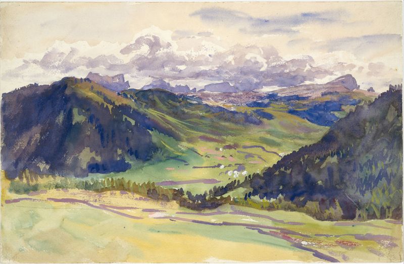 Open Valley, Dolomites de John Singer Sargent, pintura a óleo que retrata uma paisagem montanhosa iluminada pelo sol