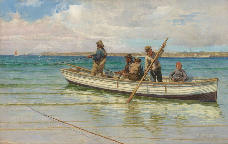 Marine scene depicting fishermen hauling nets, oil painting by William Henry Bartlett