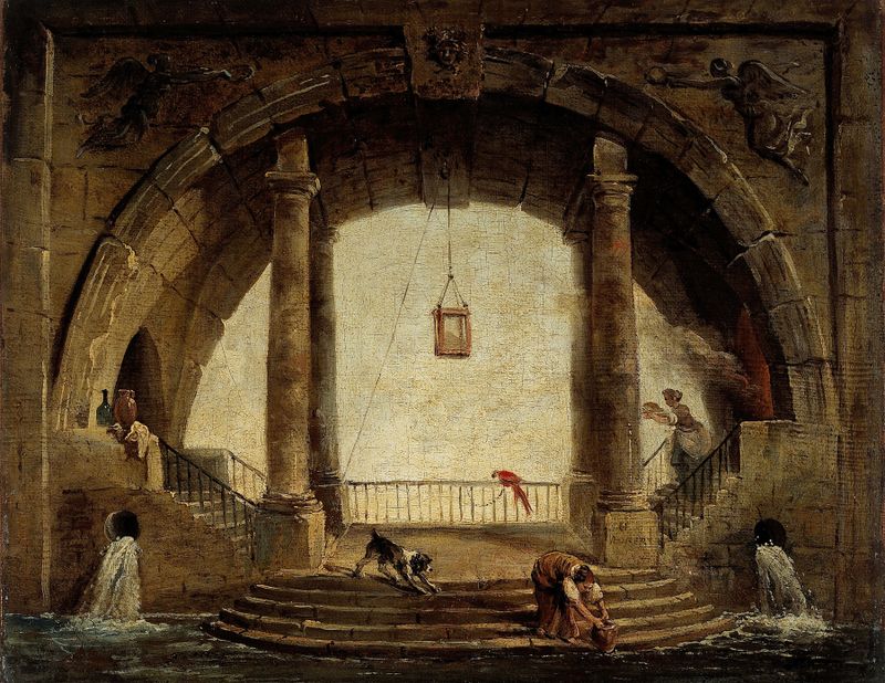 Fuente rococó y ruinas en La Fontaine de Hubert Robert, pintura al óleo