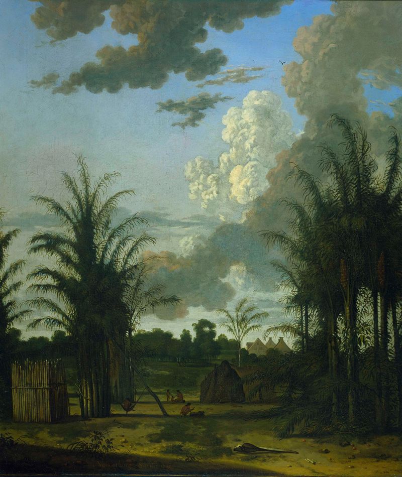 Plantation in Surinam, oil on canvas by Dirk Valkenburg showing Lokono people.