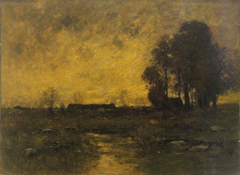 Landscape oil painting by John Francis Murphy featuring muted greens and browns.