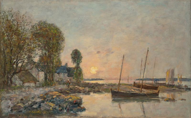 Óleo sobre tela de Eugène Boudin retratando uma cena à beira do rio com uma balsa.