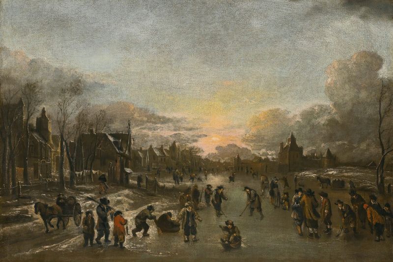 Winter landscape with figures playing kolf on ice, oil on canvas by Circle of Aert van der Neer.