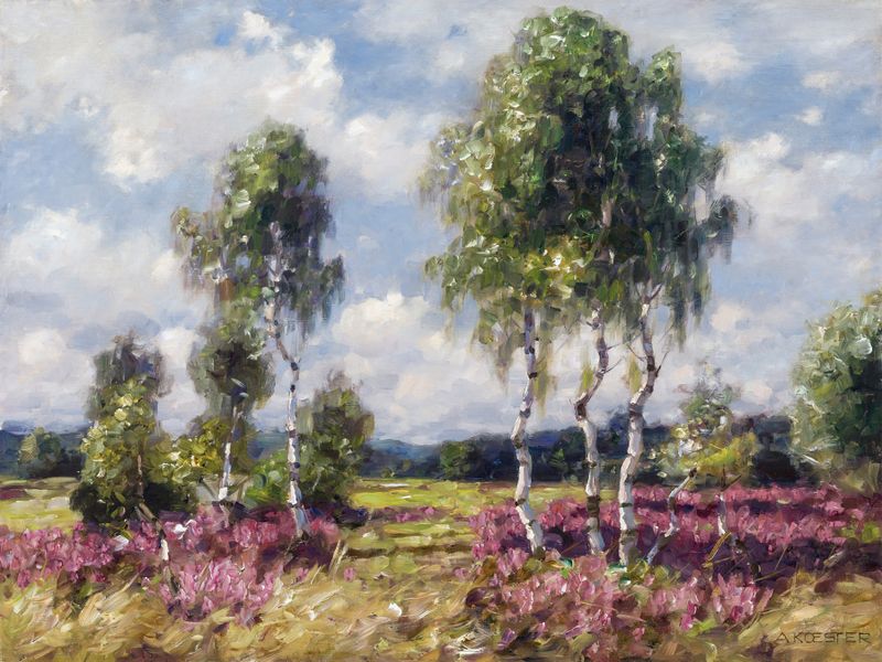 Birken in Heidelandschaft de Alexander Koester, óleo sobre lienzo que representa abedules y colinas.