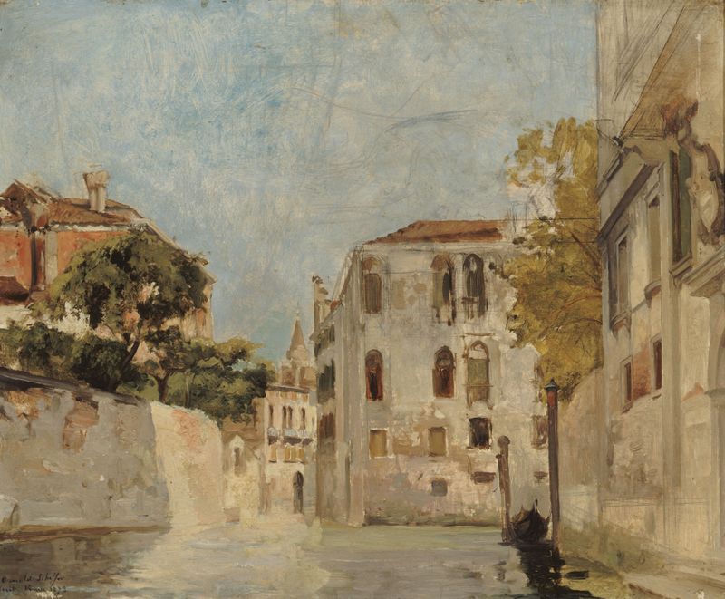 Vue de Venise de Ary-Arnold Scheffer, que muestra un paisaje sereno con agua y arquitectura, pintura al óleo.